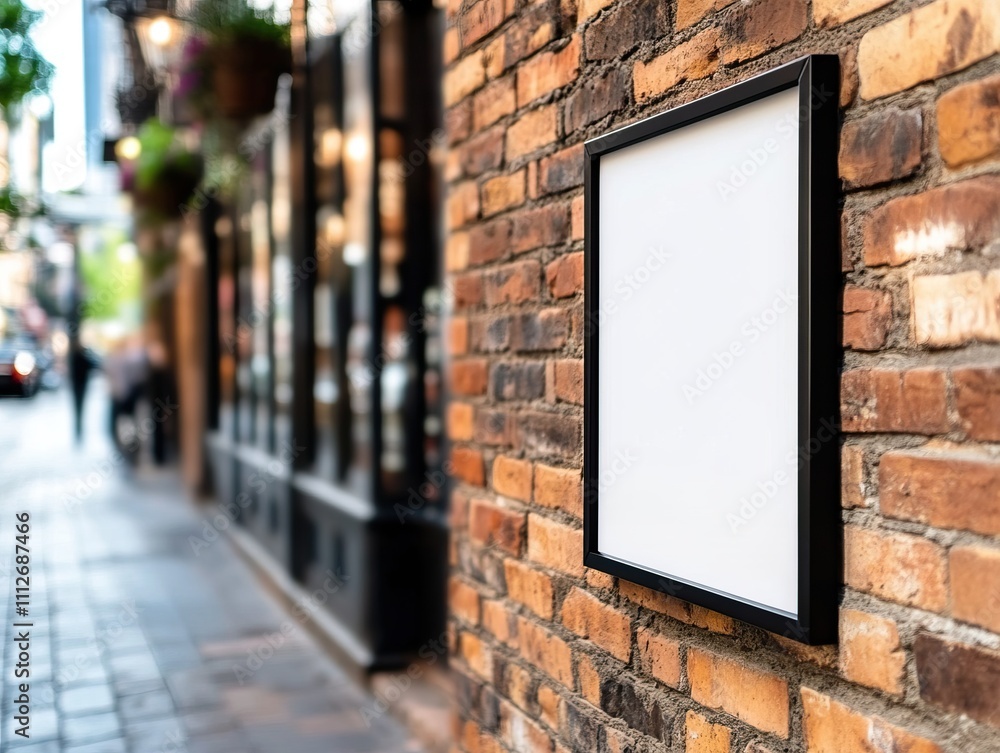 Poster a blank signboard mounted on a brick wall in an urban setting, surrounded by shops, creating a rusti