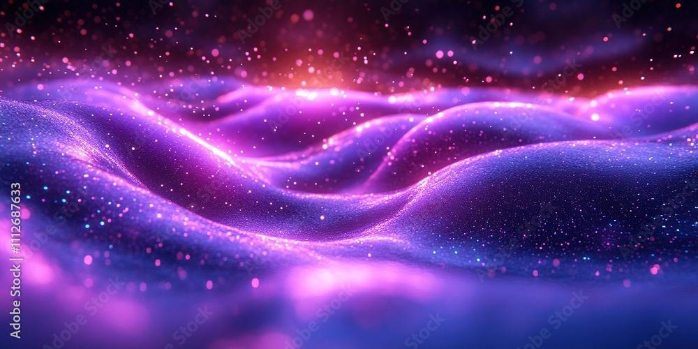 Poster vibrant colorful waves of light illuminated by twinkling particles in a dreamlike abstract setting