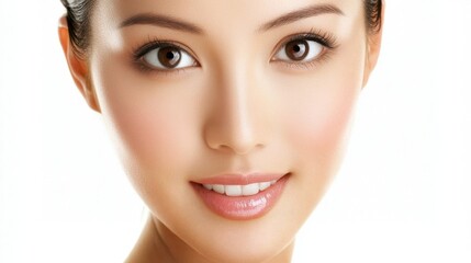Obraz premium Asian woman glowing skin reflecting natural light, showing health and hydration, white background.