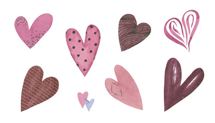 Set of watercolor hearts. Pink and burgundy colors. Hand drawn symbols for Valentine's Day for design. Retro style. Paper texture