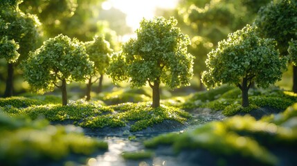 Lush forest ecosystem thriving with reforestation efforts at sunset