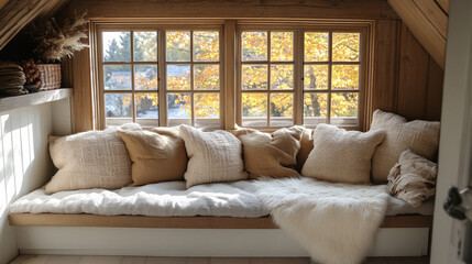 Fototapeta premium Snug reading nook with a window seat and fluf