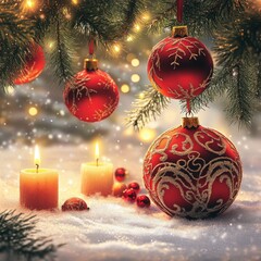 Festive Christmas scene with red ornaments, candles, and snow.