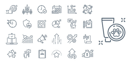 Business icons set. Calendar, clock, thumb up, money growth and loudspeaker. Digital marketing, commerce and entrepreneurship. Linear vector collection