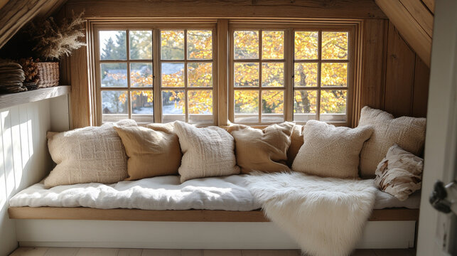 Snug reading nook with a window seat and fluf