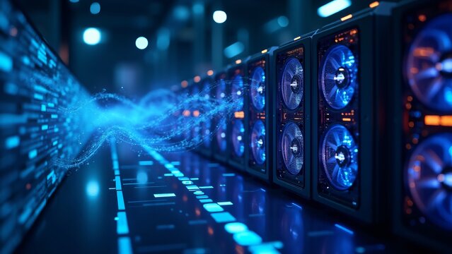 A futuristic cryptocurrency mining rig surrounded by holographic data, representing the high-tech nature of digital mining.