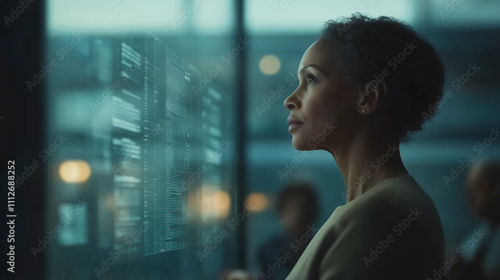 Poster an african american woman looks at a computer screen with many numbers and symbols. she is focused a