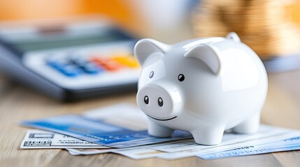 White piggy bank symbolizes savings on an organized office desk with financial tools in a bright workspace