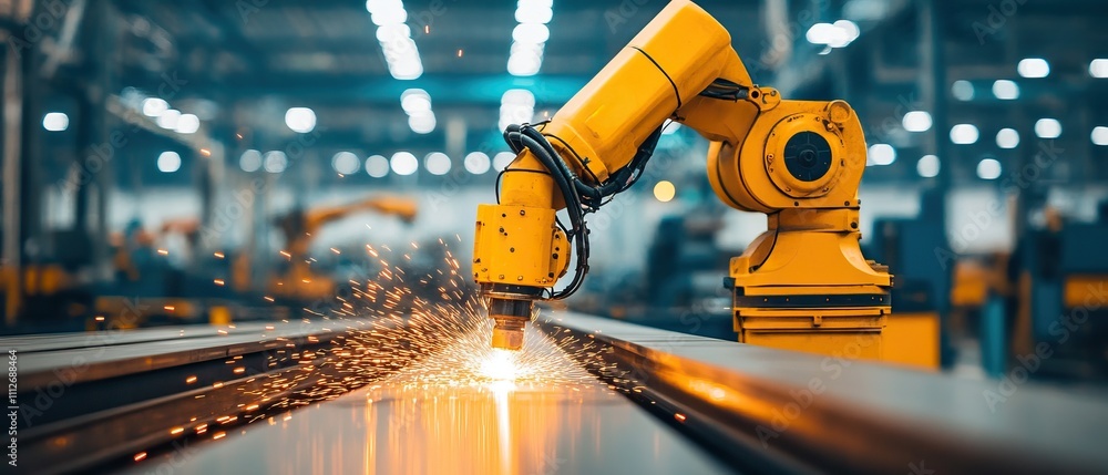 Poster a robotic arm performs precision work in a modern manufacturing facility, creating sparks as it proc