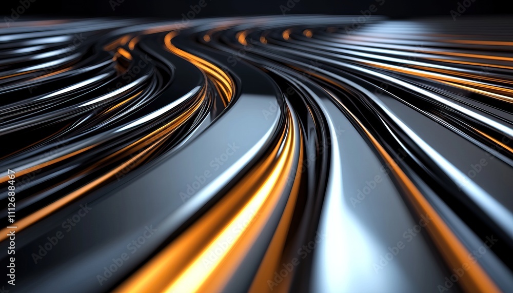 Poster a close-up view of flowing metallic strands with a glossy finish, featuring dynamic curves and illum