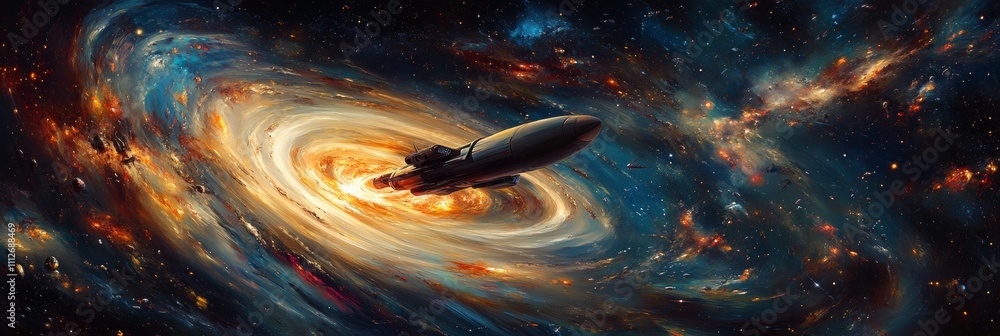 Poster wormhole journey, a spacecraft navigating a dynamic wormhole enveloped in vibrant space-time distort