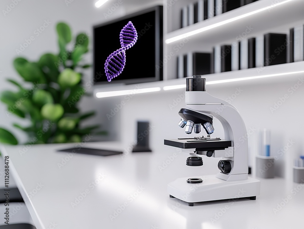 Poster a modern laboratory scene featuring a microscope on a desk, accompanied by a digital display of a dn