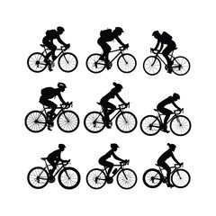 Fototapeta premium Cyclist Riding Bicycle Silhouett set Clipart on a white Background