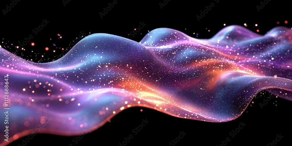 Poster colorful waves of light and particles create a mesmerizing visual effect in a dark space