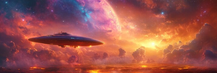 Spaceship Touchdown on Bioluminescent Marsh, Vivid Nebula Above, Extraterrestrial Landscape, Otherworldly Adventure Scene