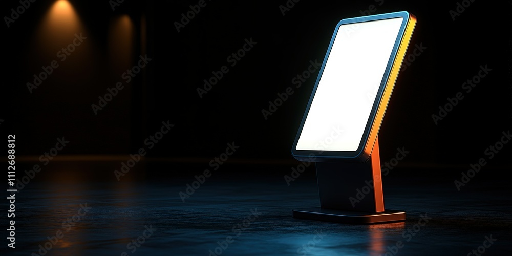 Poster modern digital display stand illuminated in a dark environment showcasing blank screen