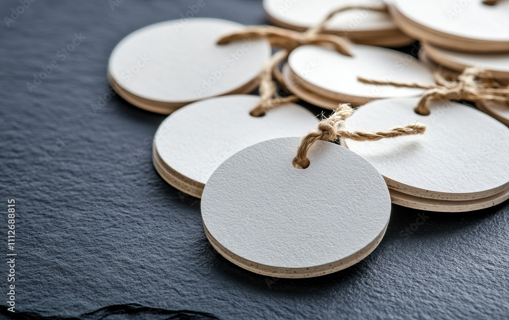 Poster a collection of circular blank tags with twine, arranged on a dark slate surface, ideal for labeling