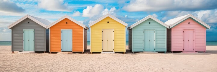 Beach houses in bright pastel colors lined up on a sandy beach. A banner with space for text.