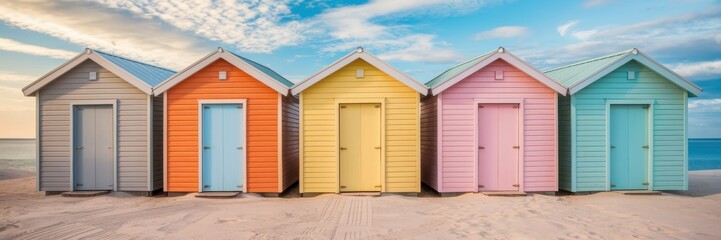 Fototapeta premium Beach houses in bright pastel colors lined up on a sandy beach. A banner with space for text.
