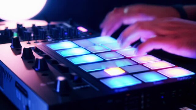 Close-up of hands using a glowing DJ controller to create electronic music beats