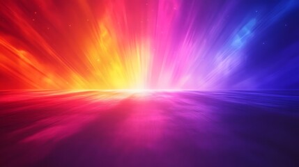 Vibrant cosmic sunrise; radiant hues paint a breathtaking horizon, stars twinkle in the distance. A mystical, ethereal landscape.