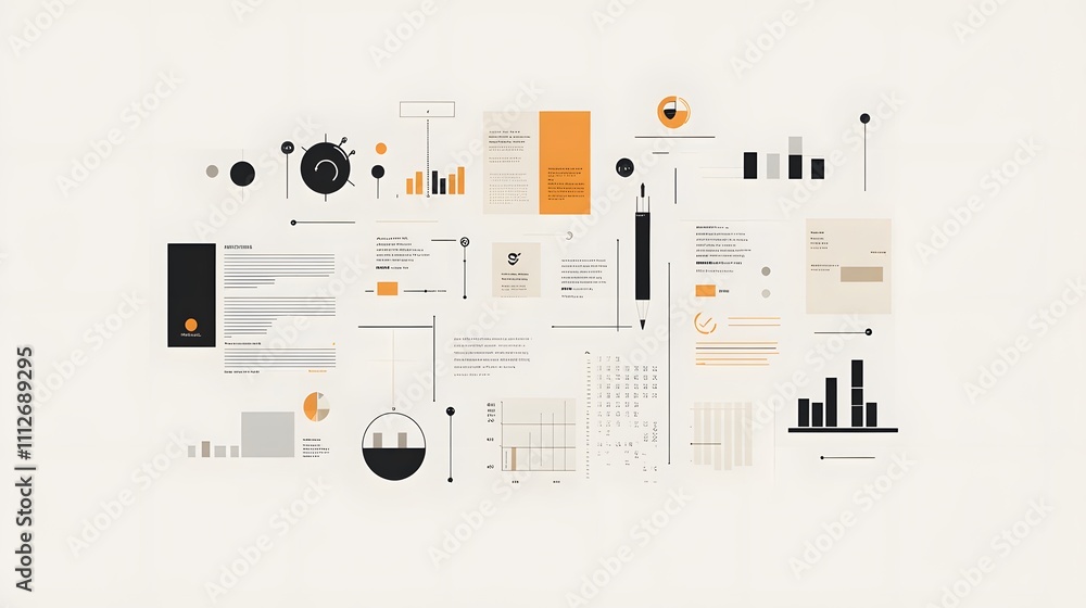 Poster abstract data visualization with graphs, charts, and documents. a creative arrangement of statistics