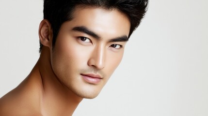 Naklejka premium Asian young man with luminous, dewy skin looking effortlessly radiant on a seamless white background for beauty ads.