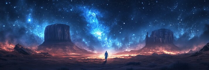 Starry desert journey, lone figure traversing dark sands under a luminous sky, vibrant digital art, anime-inspired, atmospheric and enchanting