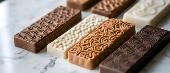 An assortment of delicious patterned chocolate bars displayed on a marble surface, showcasing varying shades of dark, milk, and white chocolate, perfect for dessert lovers.