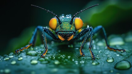 Fototapeta premium Vibrant insect macro on dew-covered leaf.