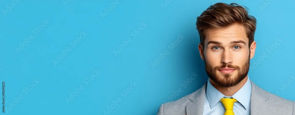Poster man in a suit and tie is standing in front of a blue wall. he is smiling and looking at the camera