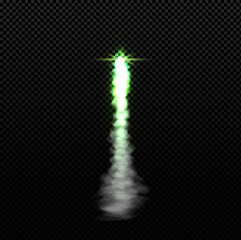 Rocket fire smoke trail with vapor and spark, vector realistic space jet aircraft launch trail, green fire burst trace