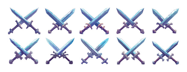 Cartoon crossed swords. Medieval weapon one or two handed fence arms warrior claymore sharp blade combat stuff, soldier or king battle accessory isolated vectors on white background