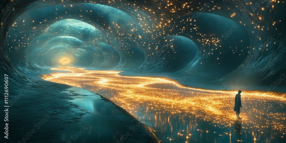 Poster glowing patterns of light, a surreal landscape with a radiant ground that shifts and transforms in m