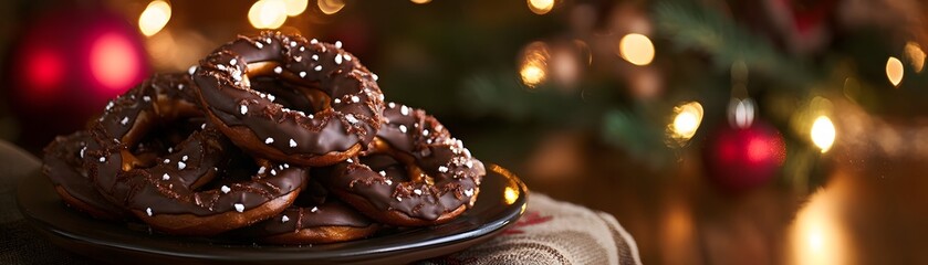 Delicious chocolate-covered donuts, sprinkled with colorful toppings, arranged on a festive plate. Perfect for holiday gatherings or sweet treats during celebrations.