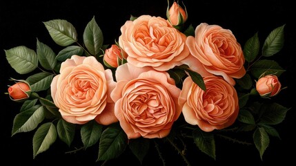 A beautiful arrangement of peach roses with lush green leaves against a dark background, showcasing elegance and natural beauty.