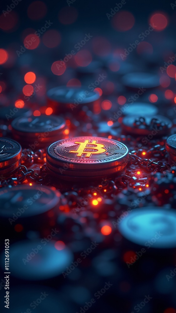 Poster a collection of floating virtual cryptocurrency coins surrounded by glowing blockchain chains, symbo