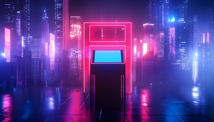 Futuristic neon-lit scene featuring a high-tech kiosk amidst a vibrant cityscape, showcasing urban innovation and modern digital experiences in an immersive setting.