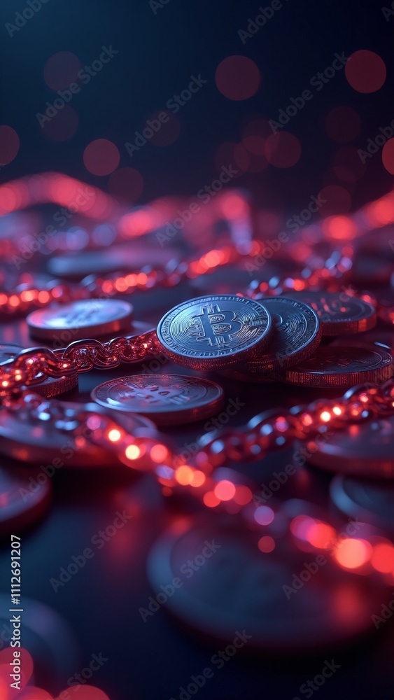 Poster a collection of floating virtual cryptocurrency coins surrounded by glowing blockchain chains, symbo
