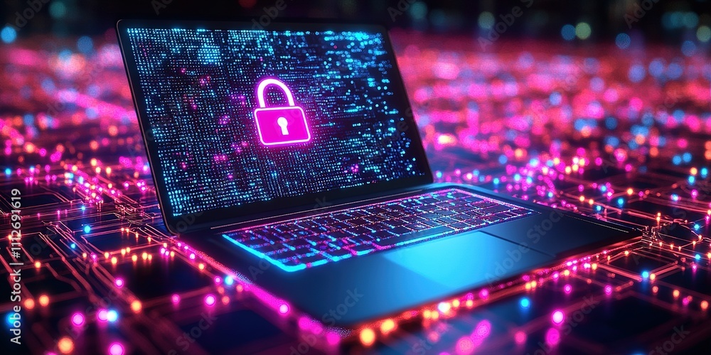 Aufkleber digital security concept with glowing laptop and padlock symbol on a vibrant data network background