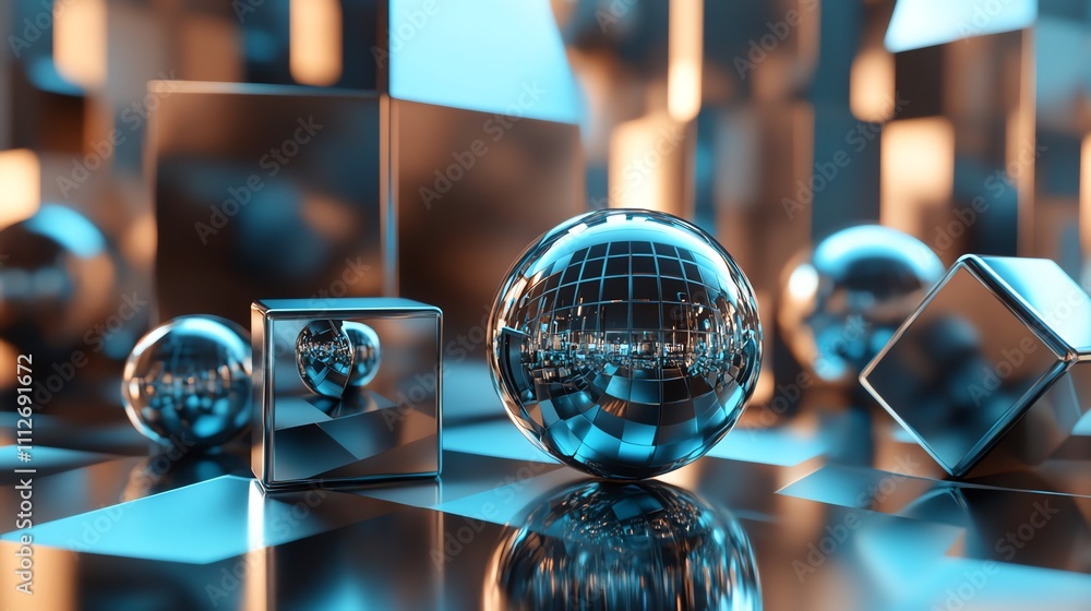 Poster abstract 3d rendering of chrome spheres and cubes.