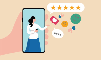 Customer experience, CX or UX user experience, feedback or comment, opinion on product and service, user satisfaction positive or negative feedback concept, woman on mobile giving experience rating.