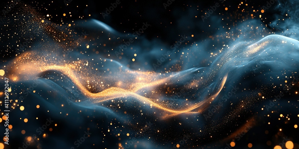 Poster beautiful swirling golden particles and mist create an enchanting atmosphere with dark background