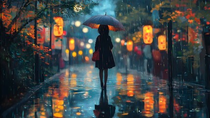 Fototapeta premium A young woman with an umbrella walks through a rainy street, illuminated by lanterns.