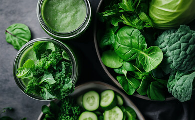 Obraz premium Fresh green vegetables and a jar of green smoothie surrounded by vibrant produce on a wooden table.