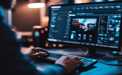 A person working on a computer with photo editing software in a dimly lit, creative workspace.