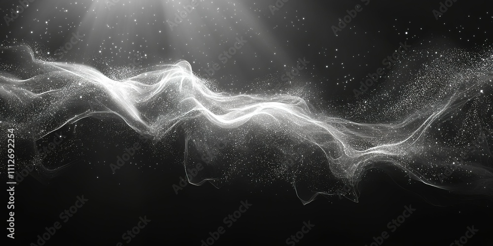 Poster ethereal wave of light and particles creating a dreamy atmosphere in a dark background