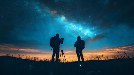 Two photographers capturing the starry sky at dusk amidst silhouetted grass.