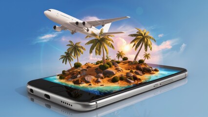 A white plane flying over a miniature tropical island that appears on the smartphone screen. There...