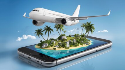 A white plane flying over a miniature tropical island that appears on the smartphone screen. There are palm trees, rocks and small bushes on the island. Promotional photo for travel companies.